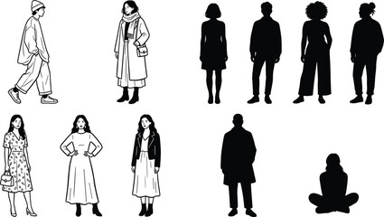 Casual people and fashion silhouettes vector set featuring line art sketches of women and men standing in stylish outfits © MdOsiar