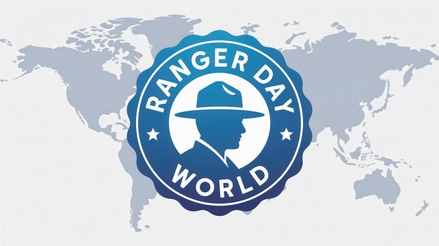 World Ranger Day badge with ranger silhouette on world map background