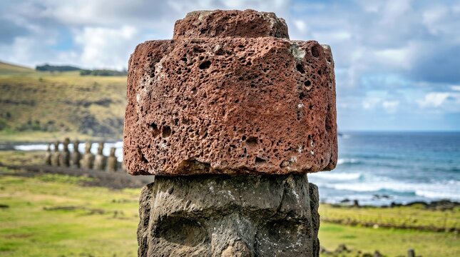 Moai Statue With Coral Rock Head on a Coastal Landscape