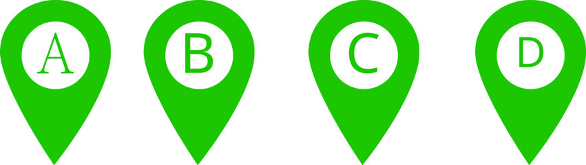 Four green location pins with letters A, B, C, D on a white background, icons for mapping or directions. © Sarfaraz