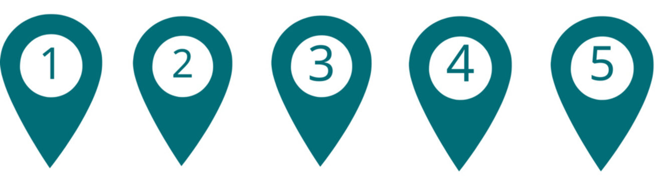 Five numbered location pins in a row on a white background, map markers with numbers one to five, graphic design elements for navigation or location indicators.