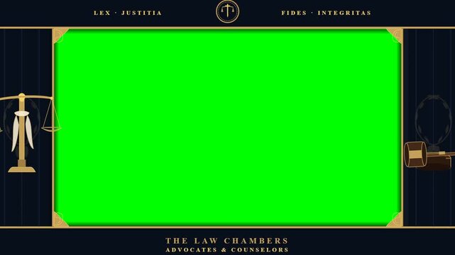 Legal Law Chamber Green Screen Frame with Justice Symbols Background