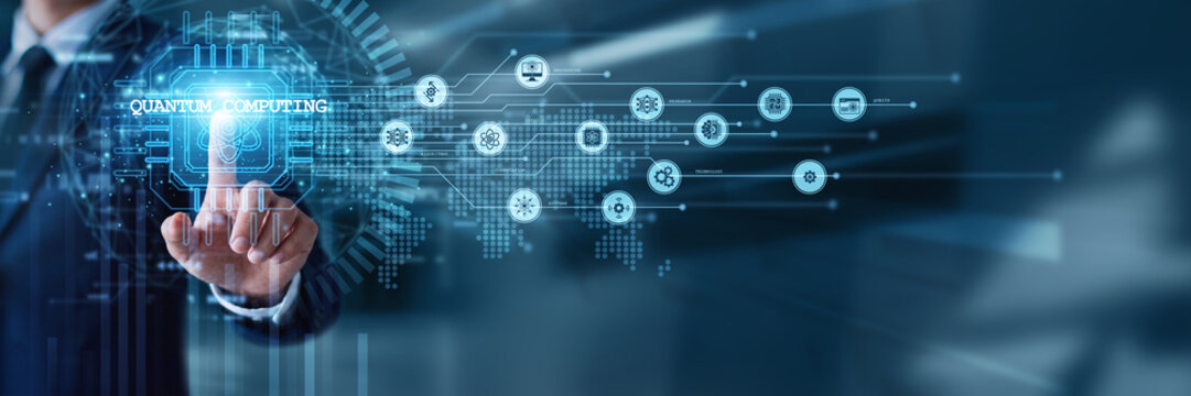 Tech specialist hand touch QUANTUM COMPUTING interface processing complex qubits and cryptographic data on high-tech screen. Next-generation supercomputing and advanced physics solutions.