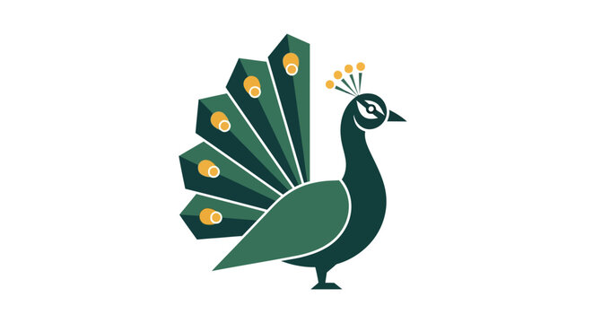 Illustrated peacock with geometric feather patterns and golden accents.