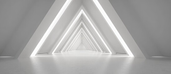 Naklejka premium A bright, all-white triangular architectural corridor, lit up with linear lighting that leads into infinity