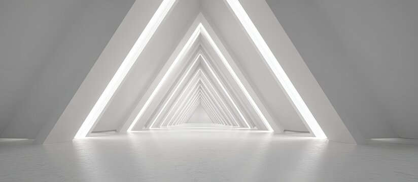 A bright, all-white triangular architectural corridor, lit up with linear lighting that leads into infinity