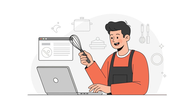 Chef with Whisk and Laptop Learning Online Cooking or Recipe Creation