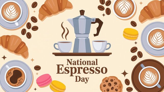 National Espresso Day greeting card with coffee moka pot, latte art, croissants and cookies