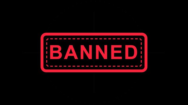 Animated red banned security rubber stamp slamming down with camera shake effects and HUD grid lines on black background