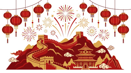 Showcases the iconic great wall of china adorned with red lanterns, fireworks, and traditional architecture amidst scenic gold mountains. Suitable for travel and cultural concepts. © Hadi