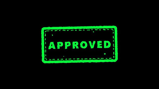 Animated neon green grunge approved stamp slamming down with rough ink effect and camera vibration on a black background