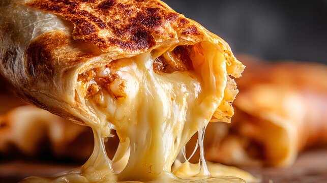 A macro shot of melted cheese stretching inside a burrito as it is pulled apart, highlighting elasticity and rich texture