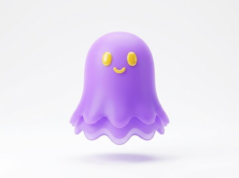 Cute purple ghost character floating isolated on white background