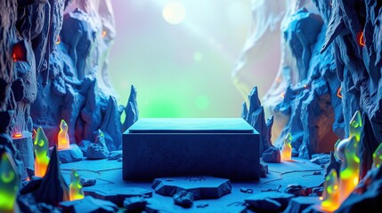 Fototapeta premium Dramatic cavern scene. Glowing pedestal dominates center. Blue tones, sharp angles, mystical atmosphere. Light beams illuminate stone structure.