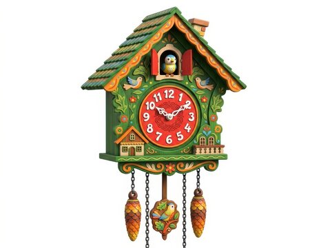 Traditional german cuckoo clock with intricate carvings, a bird in the window, and pinecone weights, 3d render isolated on white background