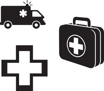 Medical Emergency Icon Set with Ambulance, First Aid Kit, and Cross Silhouette Vectors