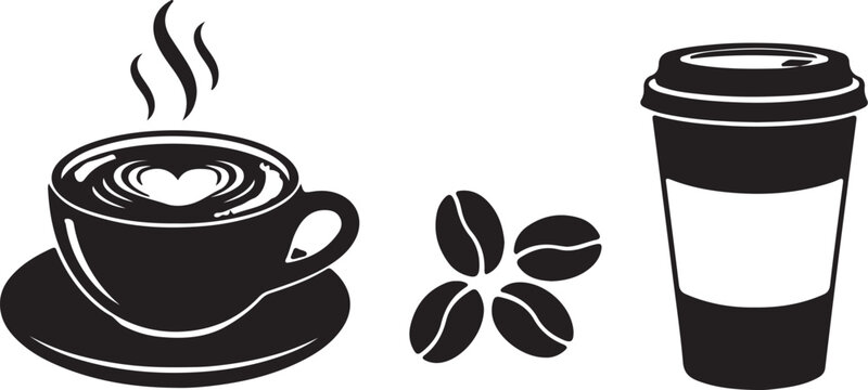 Coffee cup icon set with hot espresso cup, coffee beans, and paper take away cup silhouette vector illustration