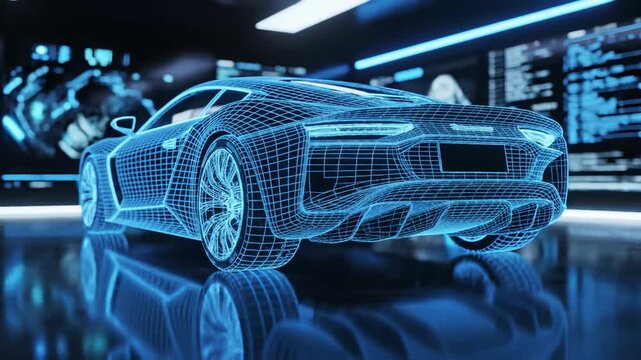 Blue wireframe sports car design