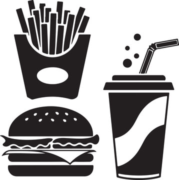 Fast food combo set with burger, french fries, and soda drink cup black silhouette vector icon