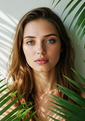 Naklejka premium Serene Beauty in Verdant Embrace: A young woman with striking blue eyes and flowing brown hair gazes forward, framed by lush, tropical palm leaves casting a dappled shadow.