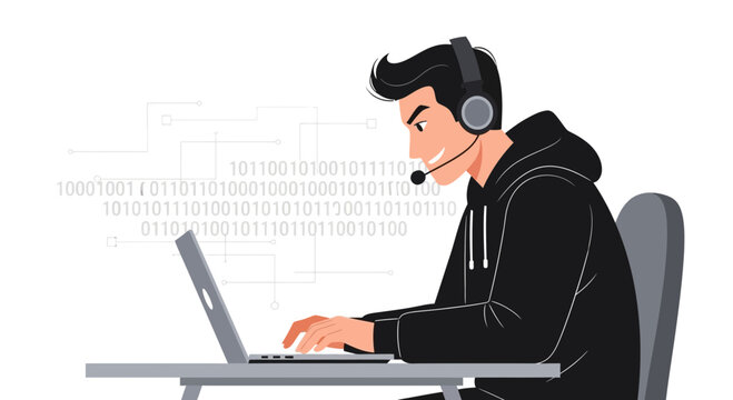 Tech Support Professional Working on Laptop with Binary Code Background, Vector Illustration