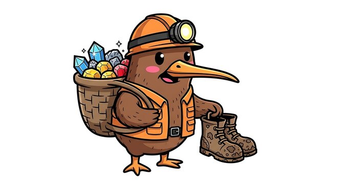 Cartoon miner with pickaxe and lantern.