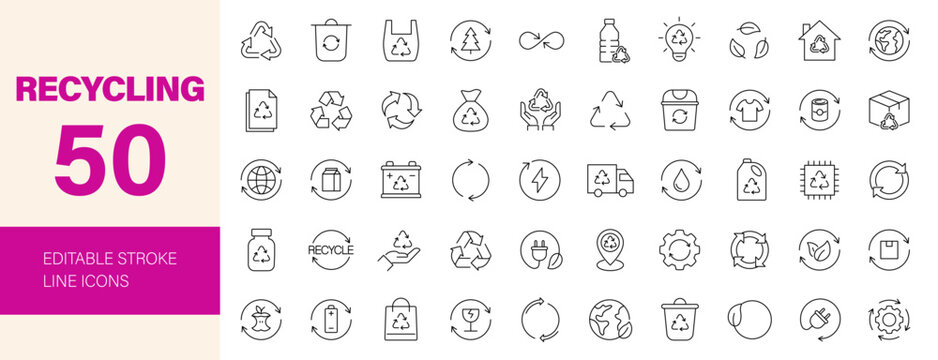 Recycling icon set. Editable line icons. Vector illustration.