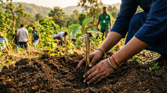 Sustainable tourism in India promotes environmental care as people plant trees in natural setting, supporting green growth and community well being