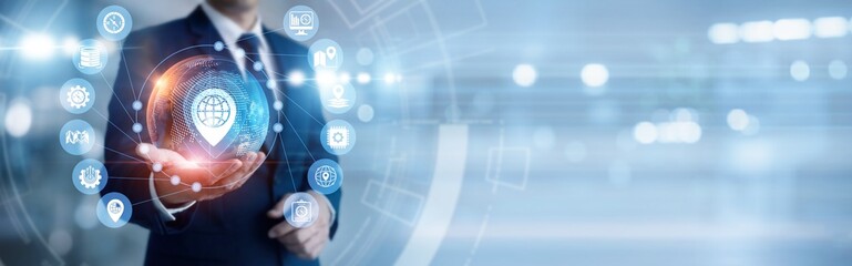 Mapping expert hand-holds precise global GIS database network, analyzing spatial data and geographic maps. Accurate location intelligence supports urban planning and environmental studies. © NexPix