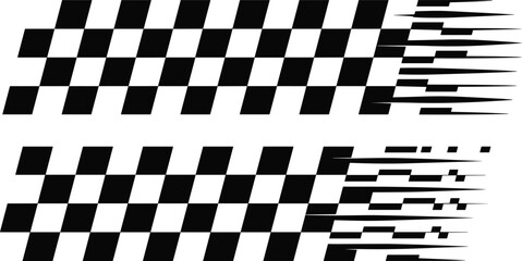 High contrast black and white checkered racing flags with dynamic motion blur trails evoke excitement at a competitive circuit event. © Vector Expert