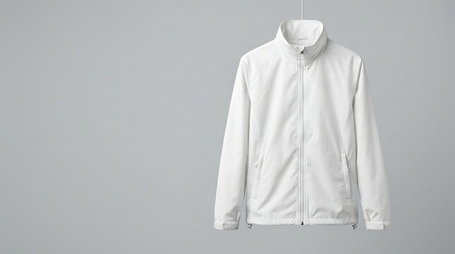 Isolated white windbreaker jacket mockup for apparel branding design presentation sportswear casual fashion clothing