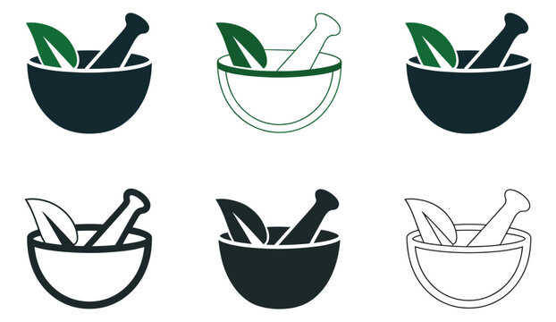 Herbal Icon Set presenting mortar and pestle with leaves, natural medicine symbols, organic wellness concepts, healing remedy icons for health spa and apothecary design