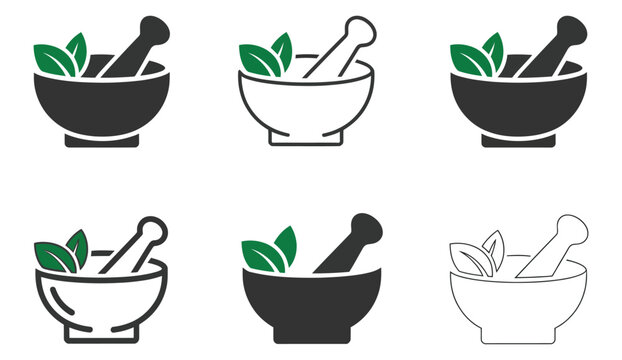 Herbal Icon Set featuring mortar and pestle with leaves, natural remedies and wellness symbols, organic healing concept elements, natural medicine icons for spa and apothecary branding