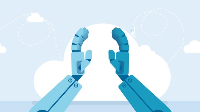 Working together with Artificial Intelligence, AI help or support coworker, assistance, partnership concept. Making high five sign, clapping, cooperation of one robot with another. 2d flat animation
