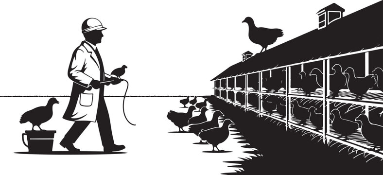 Black and white of a man in a lab coat walking with a birds