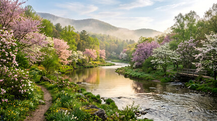 Fototapeta premium Serene river flowing through blooming spring mountain valley.