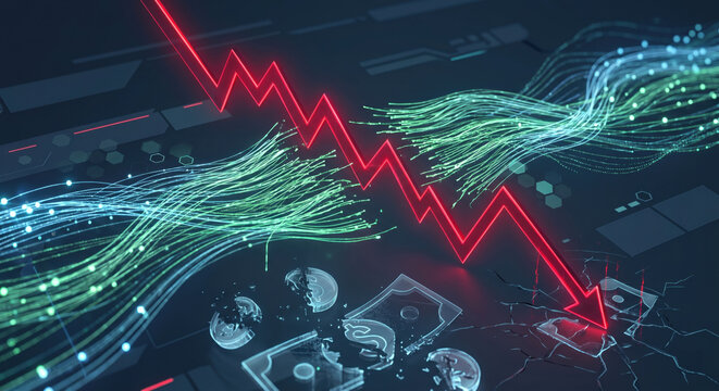 Abstract digital money stream interrupted by red downward chart, symbolizing cash flow shortage, declining liquidity and financial risk.