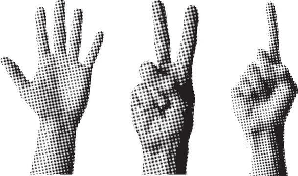 Halftone texture human hands showing gestures isolated on white background. Black and white dotted shading creates modern expressive symbols.