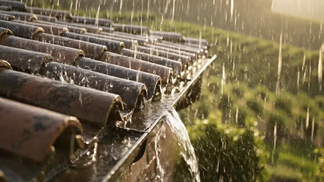 Heavy rain pouring over clay roof tiles and gutter in golden hour sunlight storm downpour weather