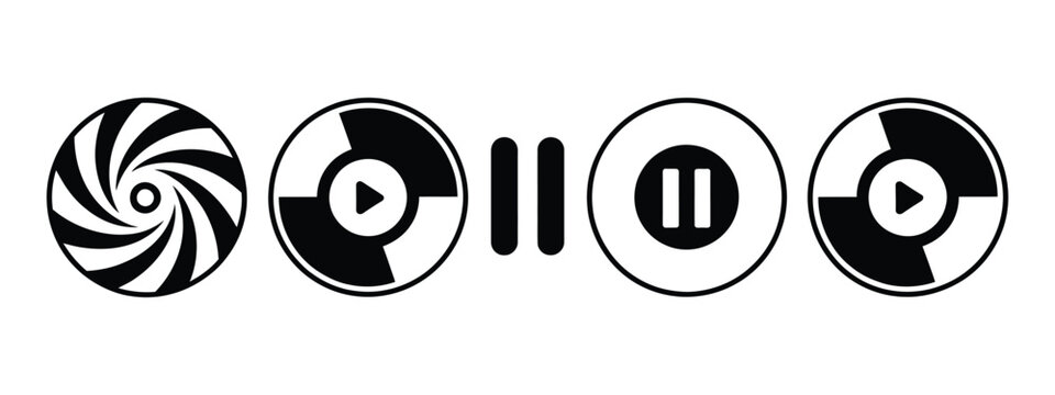 Music Player Icon Vector Set Featuring Vinyl Record Disc Compact Disc Audio Track Play Pause Buttons Sound Media Elements and Minimalist Interface Design