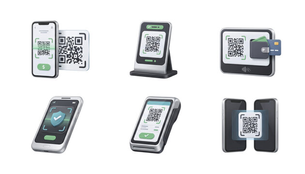 3d icon set of mobile qr code scanners for digital payment and contactless transaction isolated on transparent background