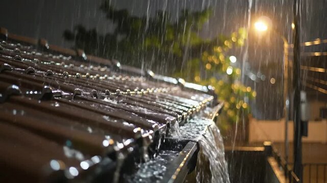 Heavy rain pouring on residential roof and gutter at night with street light bokeh storm downpour