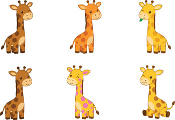 Fototapeta premium Cartoon collection of playful giraffe illustrations in different colors and poses with cute expressions and creative designs
