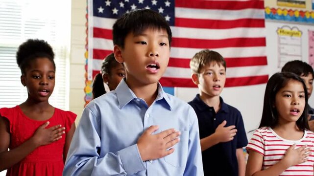 Diverse group of elementary school students reciting the pledge of allegiance in a classroom with an american flag in the background