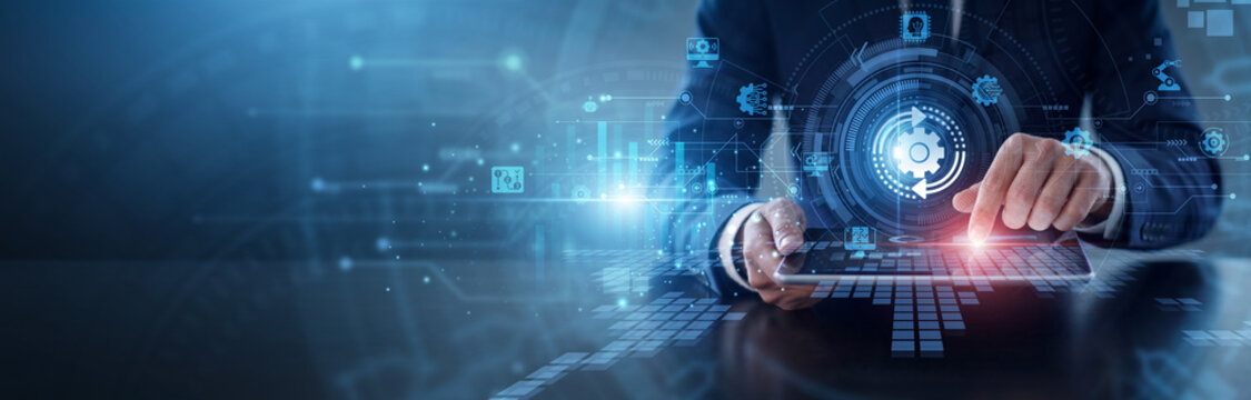 Transformation network growth. Consultant using tablet and hand touch to drive digital evolution and corporate restructuring. Innovative business change and advanced technological integration.