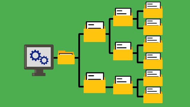 Document management system concept featuring a computer display with structured folder tree. Clean digital organization for efficient file control and data workflow.