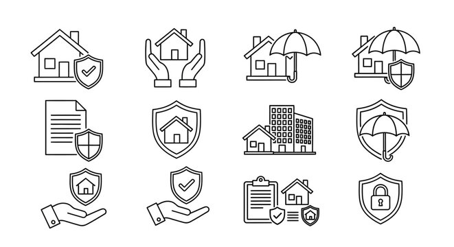 Insurance icons depict protection for homes and businesses with shields and umbrellas