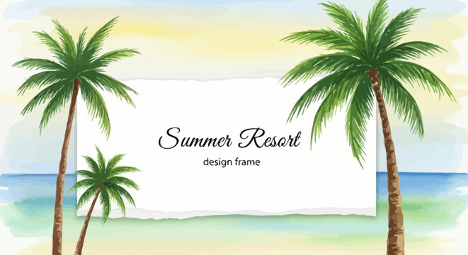 A serene summer resort scene with palm trees standing on a sandy beach overlooking the ocean at sunset