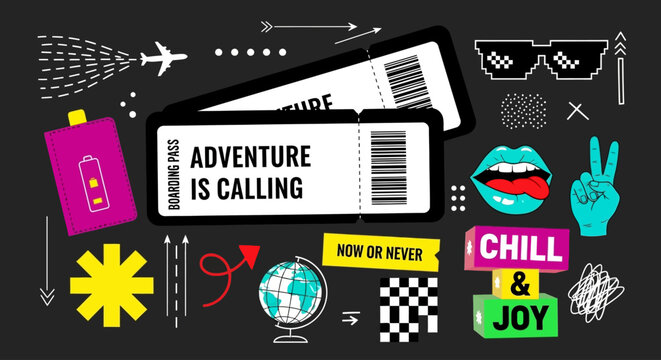 Travel stickers featuring a suitcase and ticket on a black background with adventure and chill themes.