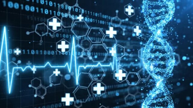 Medical technology background with dna helix and digital data
